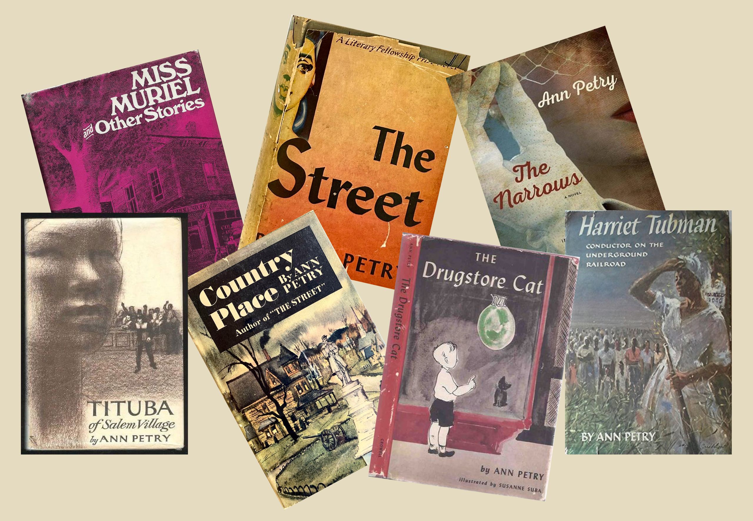Collage of book jackets of Petry's novels, children's books, and short stories