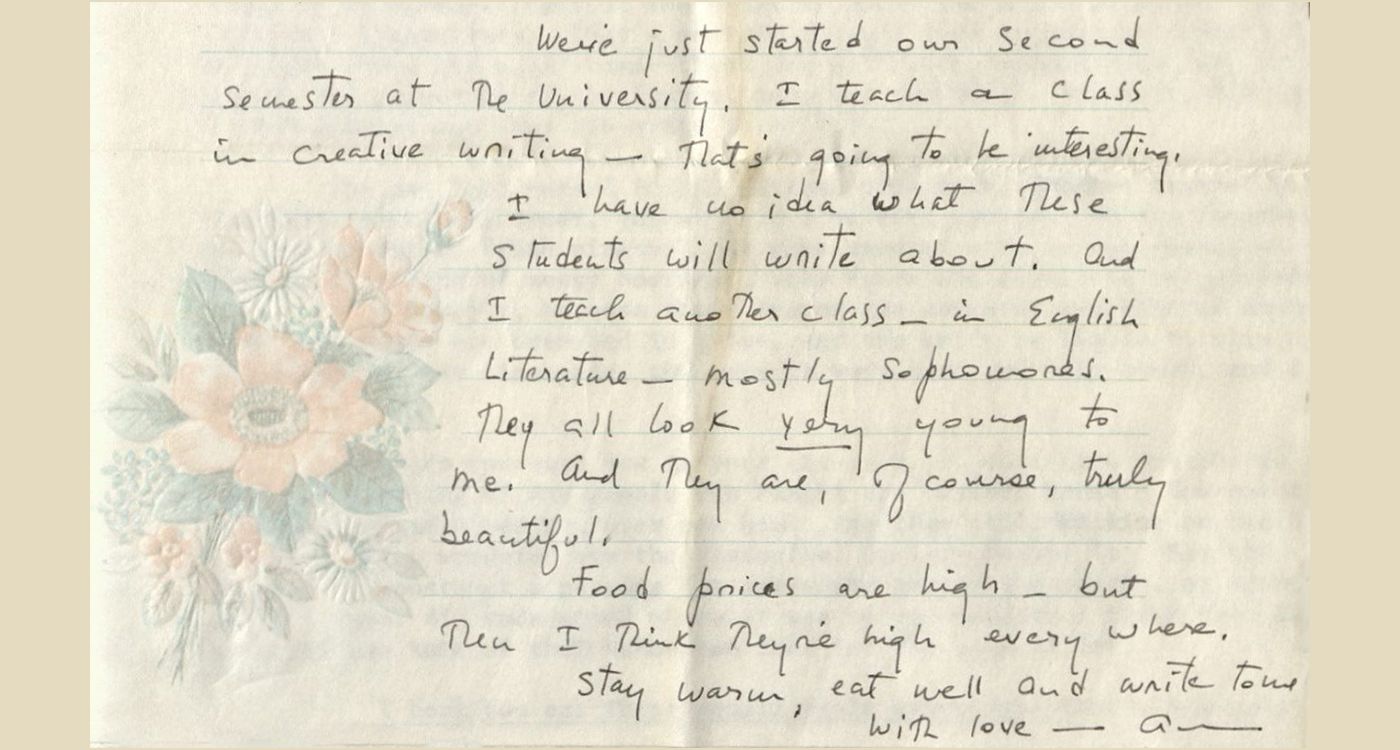 Excerpt from Ann Petry's letter to her aunt, Anna Louise James, dated Jan. 25, 1975, about teaching creative writing at the University of Hawaii.
