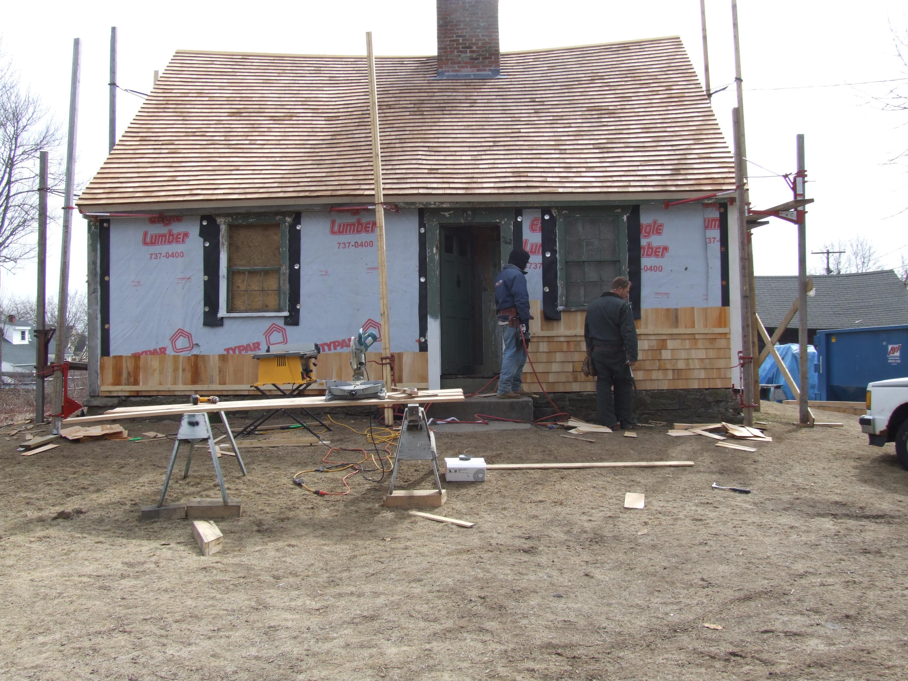 Akin House, Shingling the front. March 22, 2006