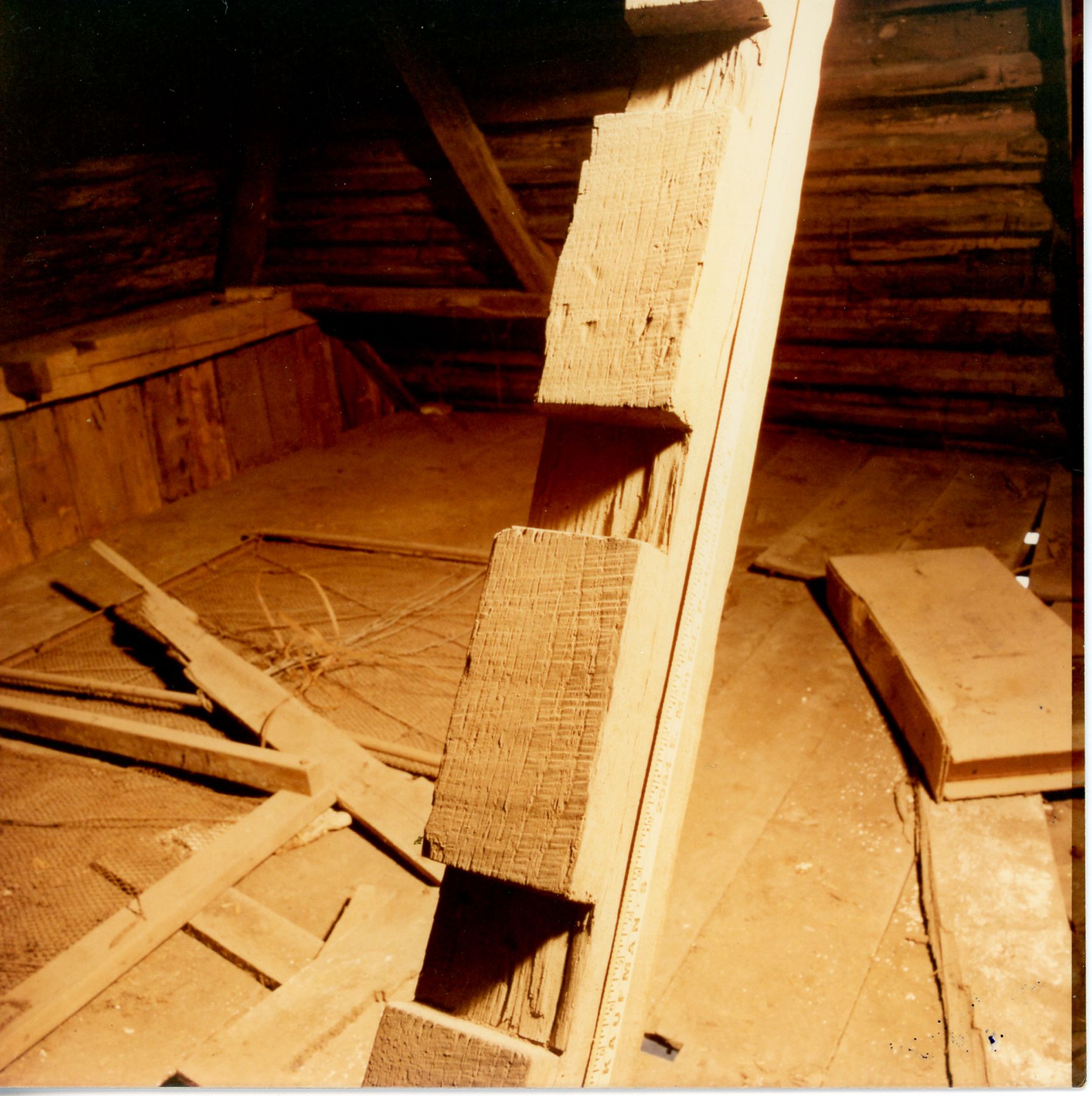 Photograph of an attic beam and purlin pocket over the L Room on Mott House plans. Taken in 1973.