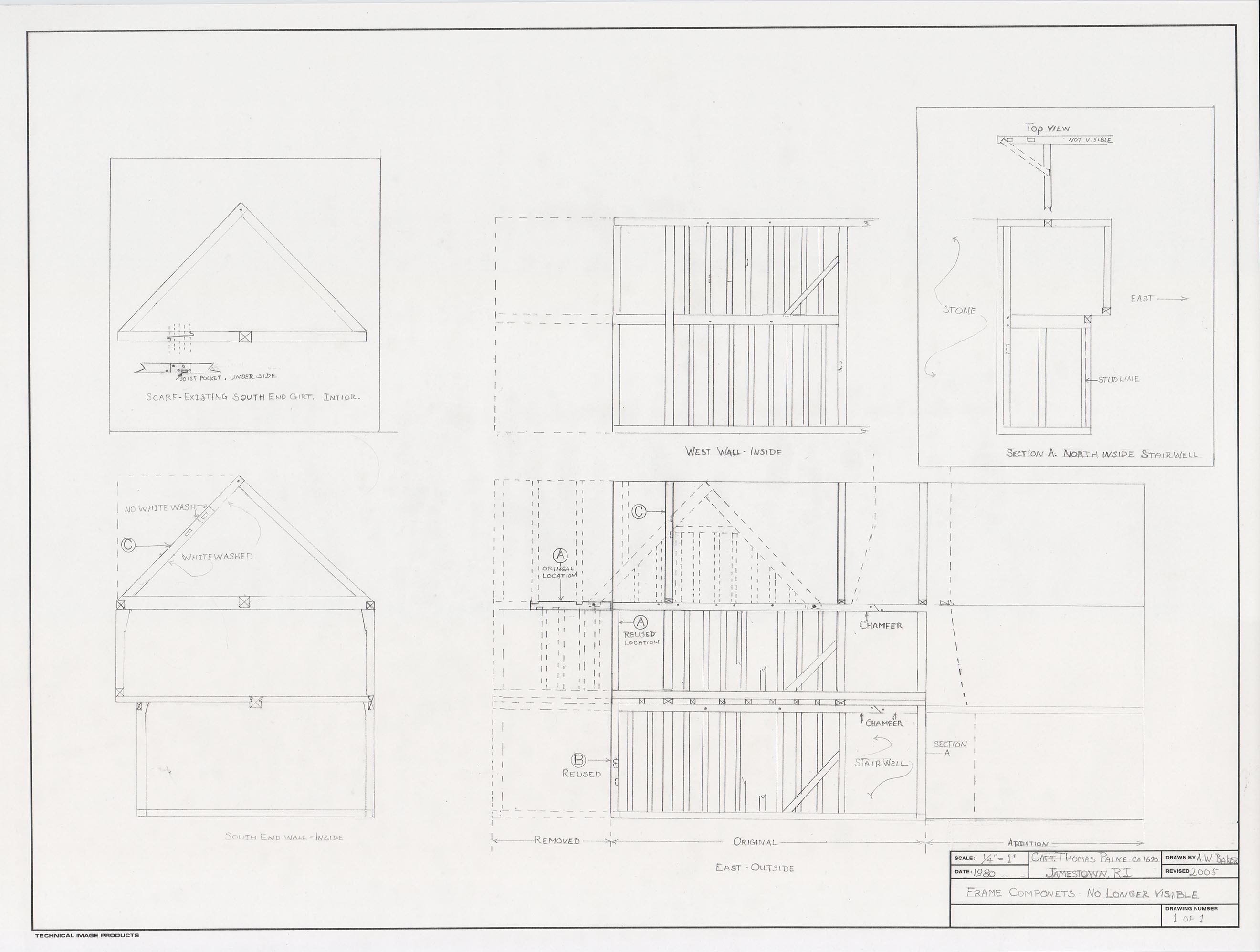 Baker's 2005 update to 1980 drawing of Cajacet walls. Includes the Scarf - existing south end girt - interior, South end wall - inside, West wall - inside, Section A. North inside stairwell, East wall outside - removed, original, addition.