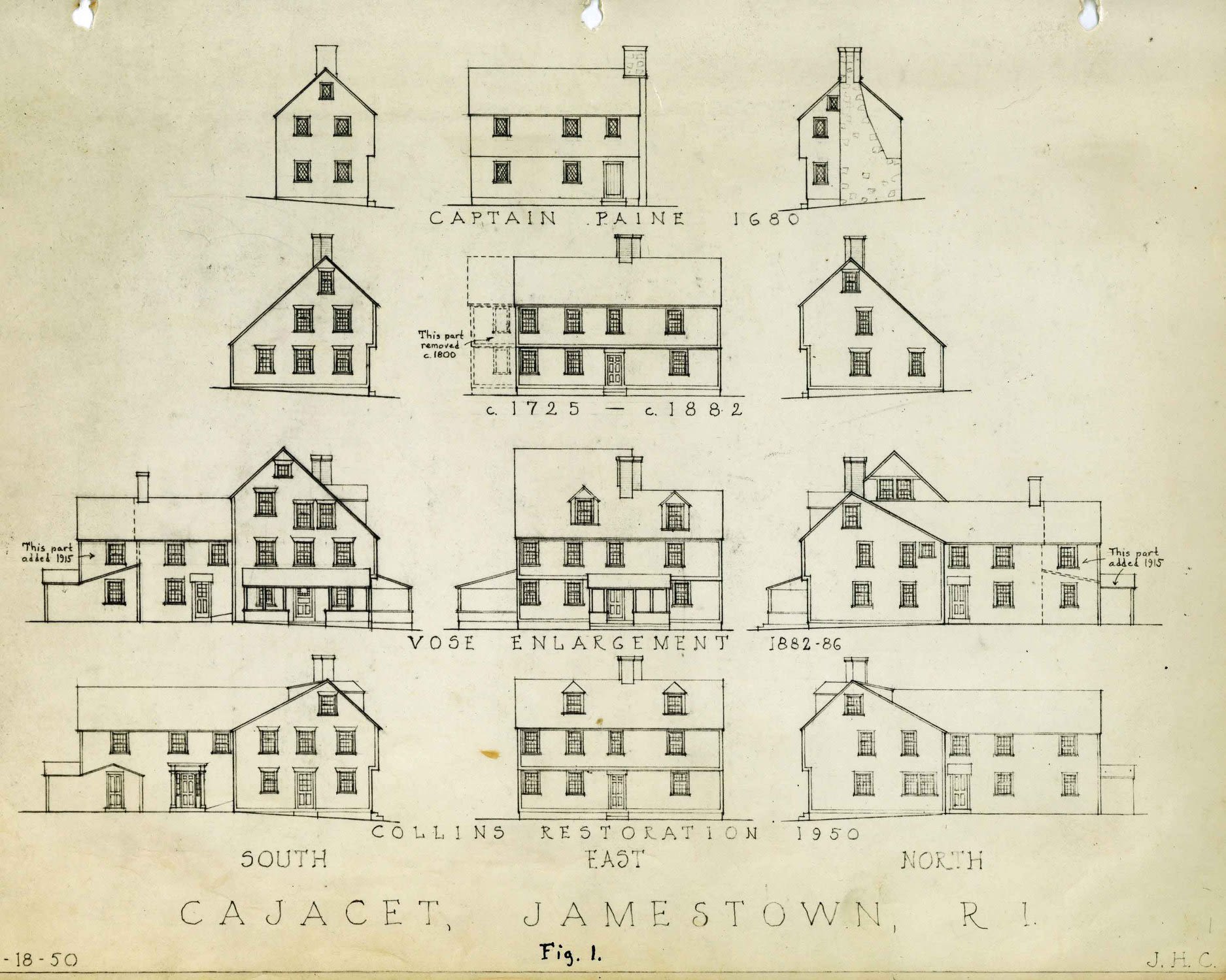 Cady's drawing shows Cajacet from elevations from south, east and north for four different periods. 