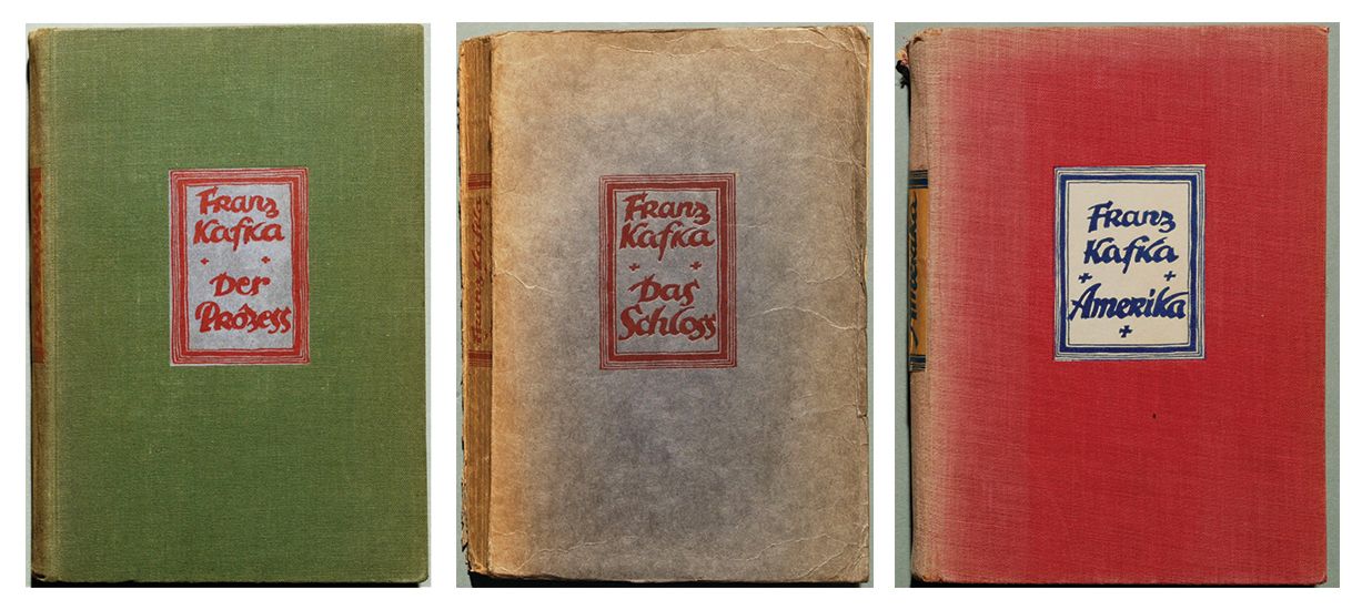 Cover of first German editions of The Trial, The Castle, and Amerika