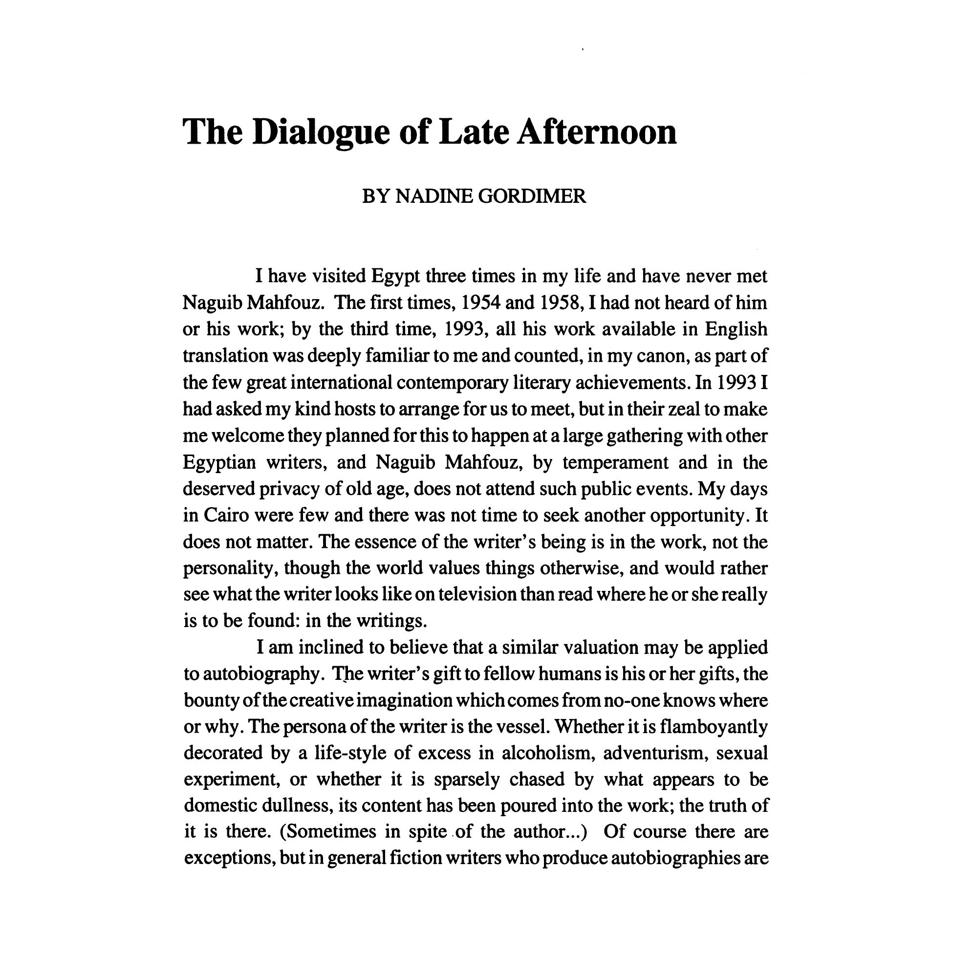 First pages of Gordimer's essay "The Dialogue of Late Afternoon" 